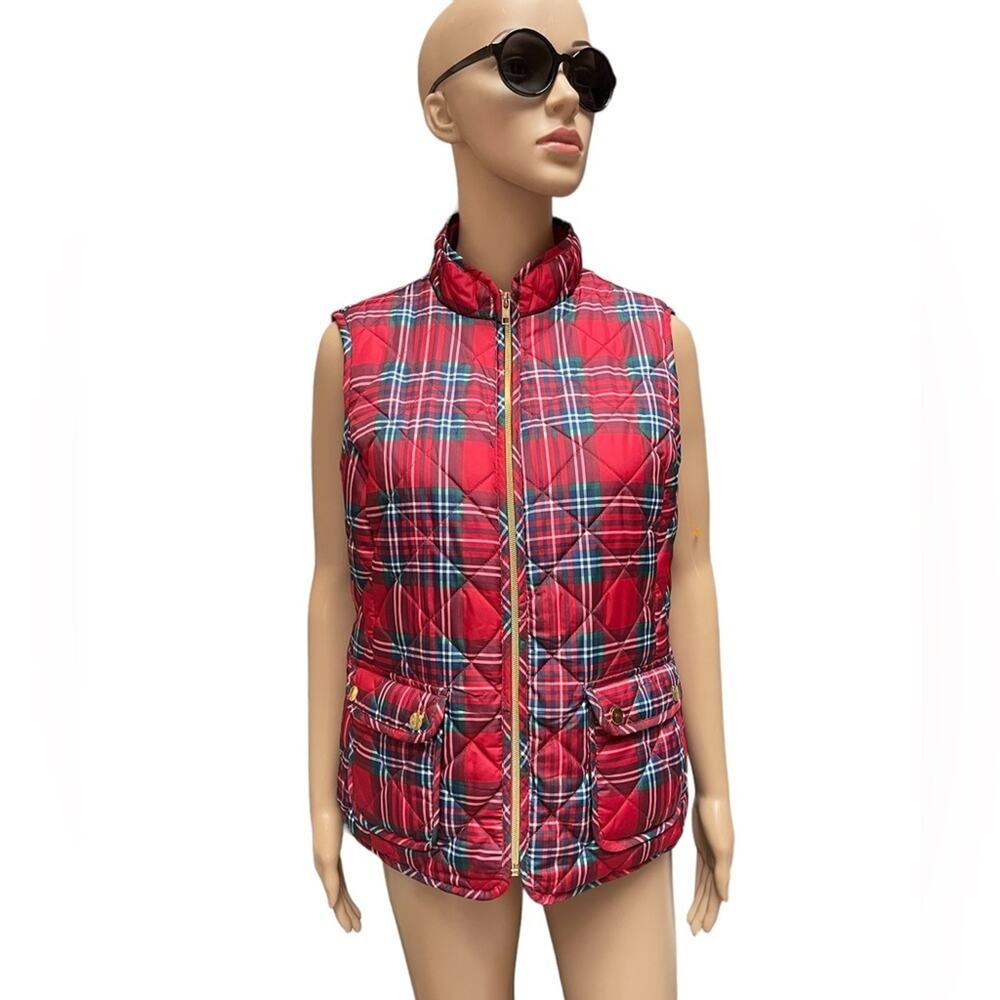 St John’s Bay Quilted Vest Womens M Red Plaid Puffer Full Zip Utility Outdoor
